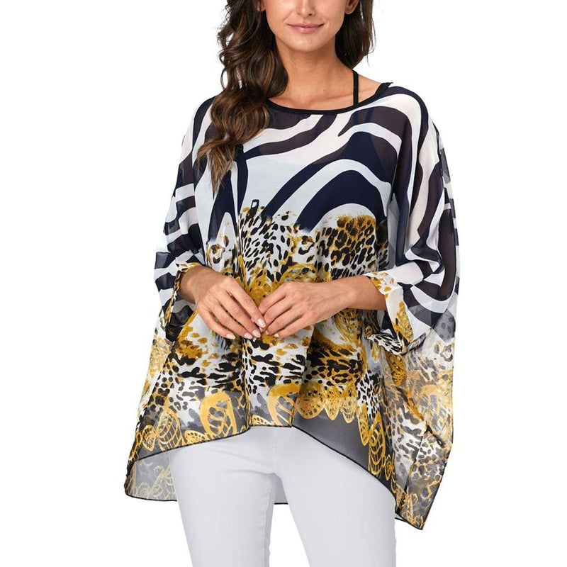 Ckikiou Plus Size Batwing Flowy Semi Sheer Chiffon Blouse Tunic for Women Summer Floral Print Boho Beach Cover ups - Image 3